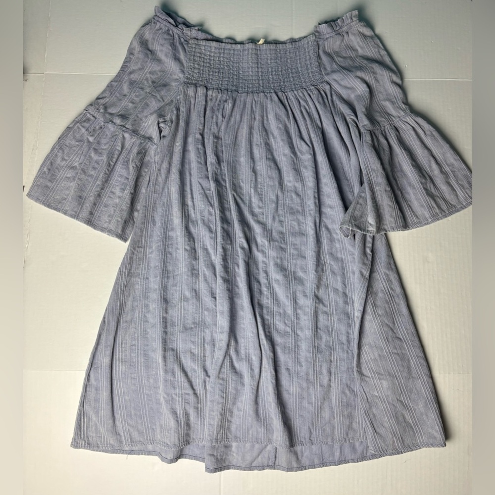 Easel Women's Large Tunic Shirt Blue Stripes Off Shoulder Cotton Bell Sleeve